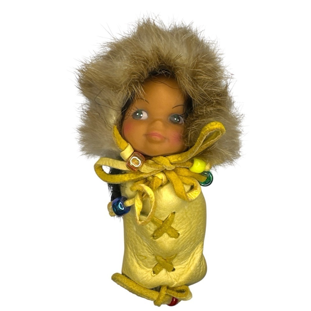 Vintage Handmade Native Style Doll Leather Beaded Fur Hood 7”